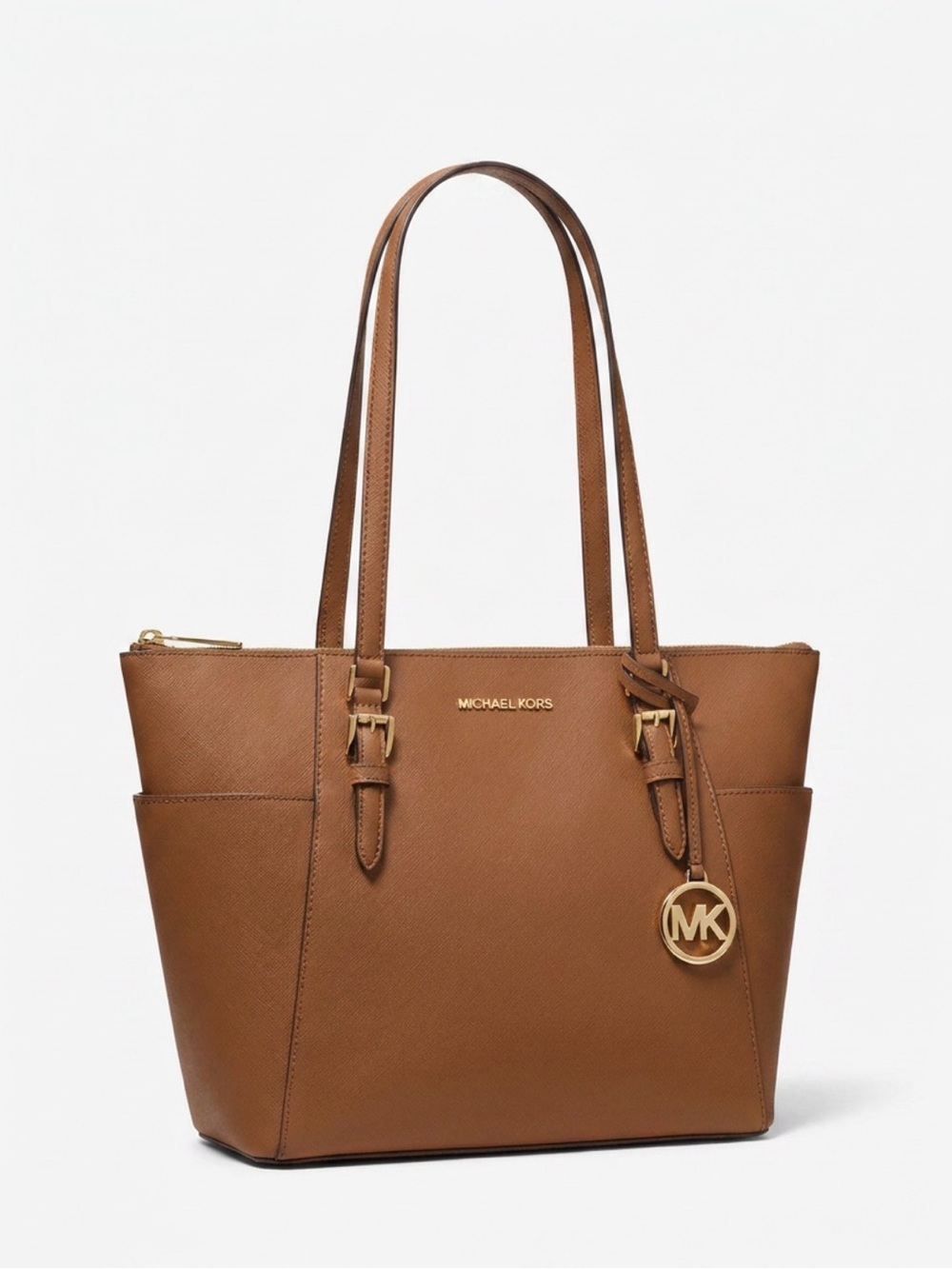 Michael Kors Charlotte Large Top Zip Tote Handbag Luggage Saffiano Leather